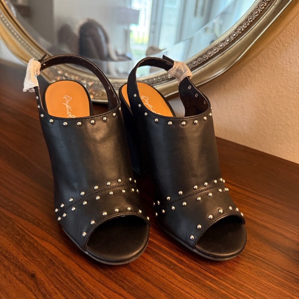 Studded Black Slingback Peep-Toe Block Heel Women’s Sandals